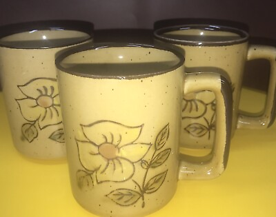 #ad Vintage Lot Of 3 Stoneware Coffee Mugs Speckled Floral Mid Century Modern Cups $21.00