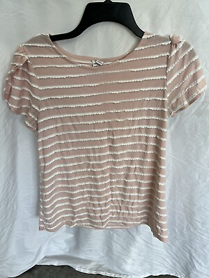 #ad ELLE T shirt Womens Size Medium Striped Pink White Round Neck Short Sleeve $11.37