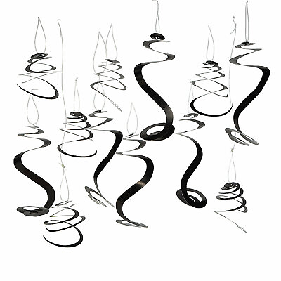 #ad BLACK SOLID HANGING SWIRLS Party Decor 12 Pieces $12.76