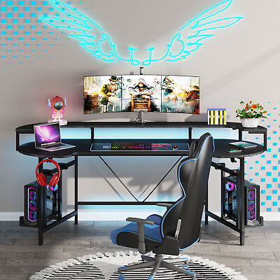 #ad Black Wood Gaming Desk with Led Strip Computer Desk Workstation Writing Table $170.18