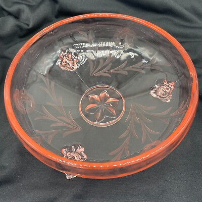 #ad Pink Depression Glass Etched Cut Bowl Dish 3 Footed Toed Floral Vintage $32.99