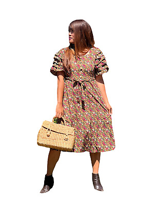 #ad NWT Vintage Retro Style Gorgeous Brown Dress Midi Dress Floral Tie Back SML $26.19