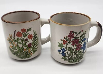 #ad 2 Wildflower Stoneware Cup mugs 1970’s Brown Speckled READ $7.99