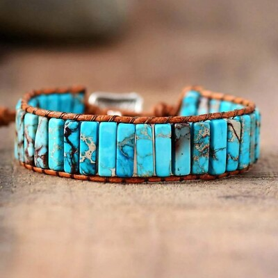 #ad Natural Turquoise Tube Leather Braided Bracelet for Protection Healing Handmade $13.50
