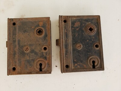 #ad 2 Large Antique Salvage Cast Iron Rim Surface Door Lock Parts or Restoration $24.95