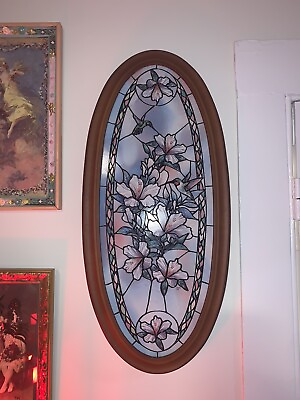 #ad Vintage Painted Stained Glass Floral Oval Picture Hummingbird Painting $32.00