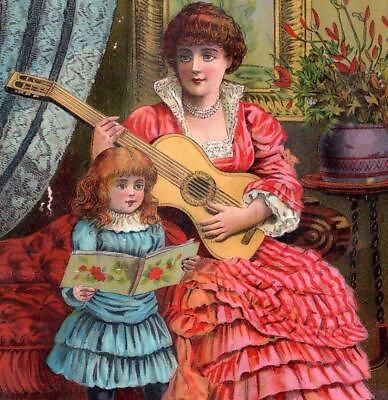 #ad 1880#x27;s VICTORIAN CARD*GIES amp; CO LITHOGRAPHERS*WOMAN w GUITAR*CHILD WITH SONGBOOK $29.95