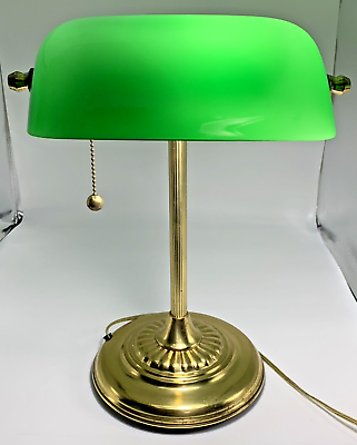 #ad Vintage Brass Green Emerald Glass Shade Bankers Desk Table Lamp with Pull Chain $45.00