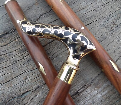 #ad Antique Victorian Brass Derby Head Handle Wooden Walking Stick Vintage Cane Gift $31.95