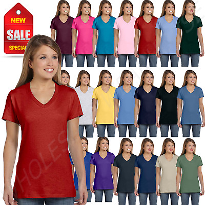 #ad Hanes Womens T Shirt 100% Cotton 4.5 oz Short Sleeve V Neck nano Tee S04V $4.77