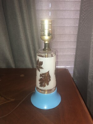 #ad VTG Antique Lamp Kitsch Glass Hand Painted Blue w Gold Leaves Works Perfectly $29.95