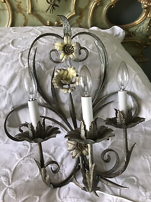 #ad Floral Italian Tole Wall Sconce Yellow Flowers Vintage Wall Lamp $120.00