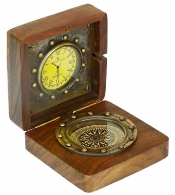 #ad Antique Brass Nautical Wooden Desk Compass With Maritime Clock Gift Desk Pocket $44.99
