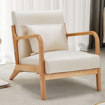 #ad Upholstered Armchair Retro Accent Chair Linen amp; PU Leather Cushion with Pillow $129.99