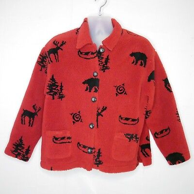 #ad Sweet Jessie Vtg 90s Red and Black Sherpa Fleece Bear Moose Tree Jacket Large $15.33