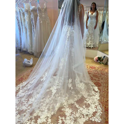 #ad New Extra Long Bridal Veil Wedding Lace Trim Floral Applique Cathedral Ivory $25.00