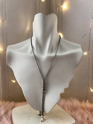 #ad Silver Tone White Rhinestone Slide Faux Pearl Drop Zig Zag Fashion Necklace $10.00