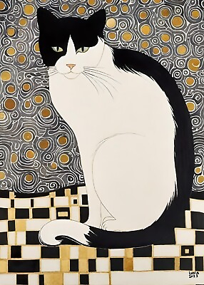 #ad 5x7 Cat Black White Art Deco Vintage Style Print Painting By Artist Luna A1 $14.99