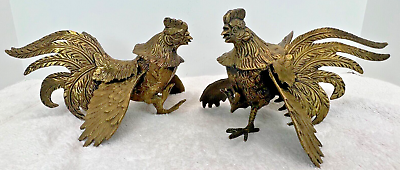 #ad Vintage Pair Mid Century Fighting Cocks Roosters Bronze Figures $78.00