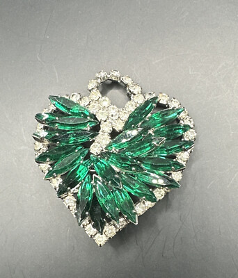 #ad Vintage Green Clear Rhinestone Brooch Pin Heart J92 $79.99