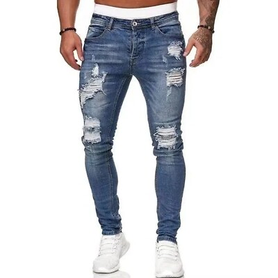 #ad Mens Ripped Skinny Jeans Stretch Distressed Denim Pants Casual Slim Fit Trousers $27.99