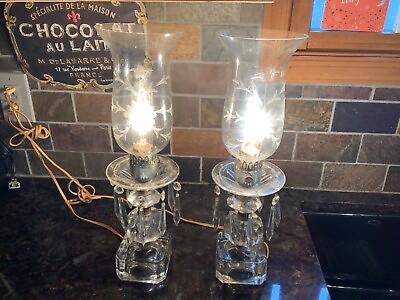 #ad Pair Antique Crystal amp; glass electric table lamps with prisms amp; cut shades $175.99