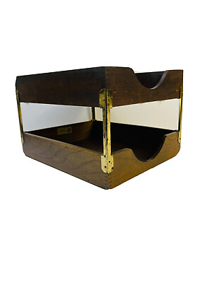 #ad VTG Mid Century Modern Industrial Wood Brass Desk Mail Organizer File Trays $52.79