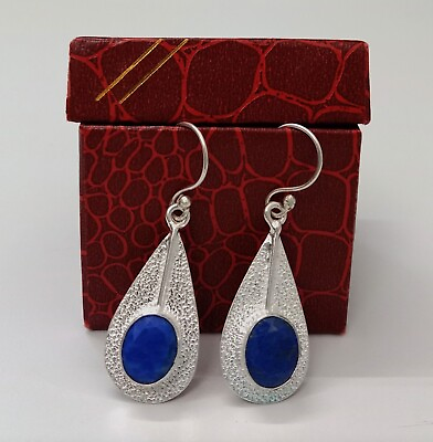 #ad 100% Natural Blue Lapis Lazuli 925 Sterling Silver Oval Drop and Dangle Earrings $25.99
