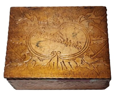 #ad Vtg Wood Box Handkerchief Pyrography Victorian Trinket Dovetail Floral $18.55