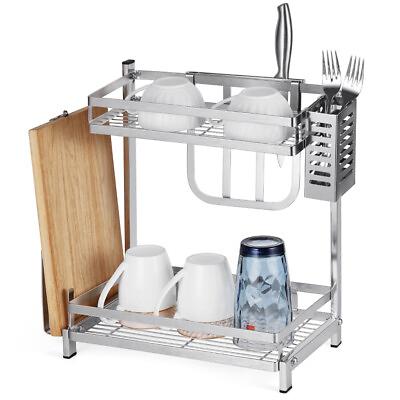#ad 2 Tier Stainless Steel Dish Drying Rack with Utensil HolderCutting Board Holder $15.99