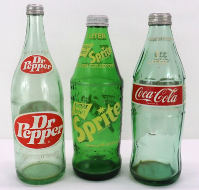 #ad Lot of 3 Vintage Cola Bottles 33.8oz Coke Sprit Dr. Pepper $28.99
