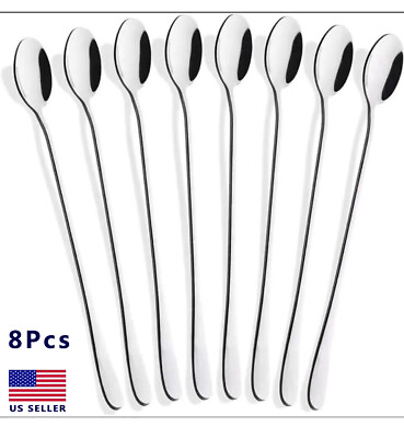 #ad 8PCS Long Stainless Steel Ice Cream Cocktail Teaspoons Coffee Soup Tea Spoons $9.99