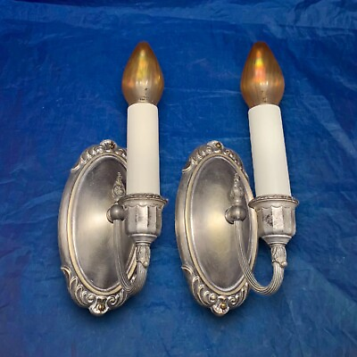 #ad Pair Rewired Antique nickel plated brass sconces with original patina 123B $542.50