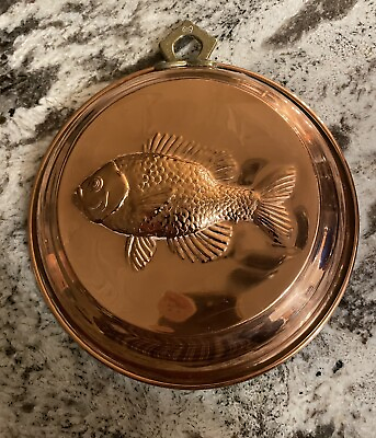 #ad Vintage 1970s Copper Fish Mold Pan Tin Lined w Brass Ring Wall Hanging 7.75quot;D $32.00