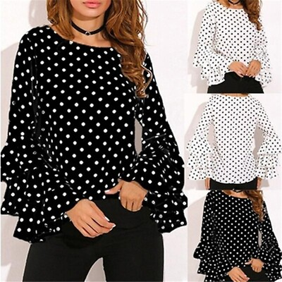 #ad Long Bell Sleeve Blouse Casual Ladies Fashion Dot Polka Loose Tops Shirt Shirt $27.90