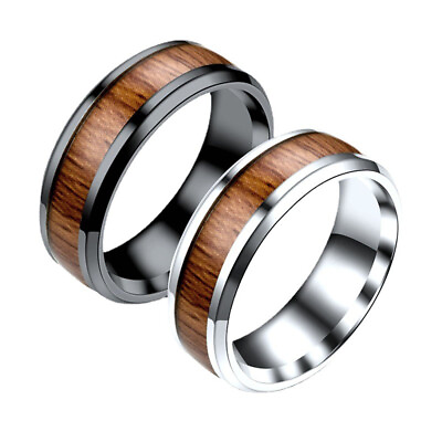 #ad Wood Ring Wide Band Couple Rings Titanium Steel Geometric Finger Ring Retro Gift $0.99
