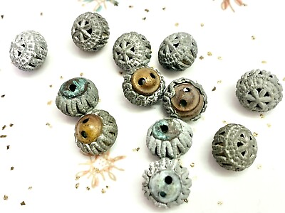 #ad Set Of 12 Antique Victorian Pot Metal amp; Brass Pierced Cricket Cage Buttons $19.99