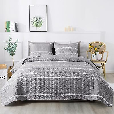#ad Andency Grey Quilt Set Queen 90x96 Inch 3 Pieces 1 Striped Triangle Printed Q $82.61
