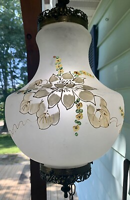 #ad Vintage Hand Painted Satin Finish Hanging Swag Lamp 18” Tall Works $100.00