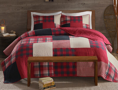 #ad RED PLAID King Cal King QUILT SET : BUFFALO CHECK LODGE COUNTRY CABIN COVERLET $99.45