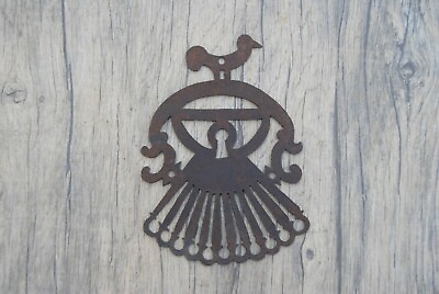#ad Rare Vtg large Iron handmade figural pierced Door gate ESCUTCHEON Key hole Cover $22.32