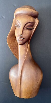 #ad Vintage 50’s Mid Century Modern Teak Wood Sculpture Woman Bust Female Art Deco  $299.00