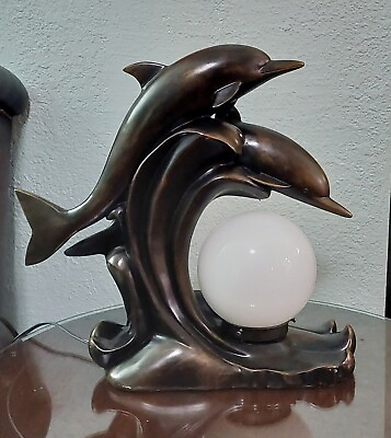 #ad 1990s Vibe Black Bronze Dolphins Lamp Art Deco WORKS $175.00