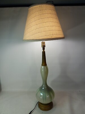 #ad Mid century Brass And Green Swirl Glass Table Lamp With Shade $125.00