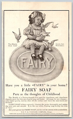 #ad 1906 Fairy Soap Antique Print Ad Adorable Little Girl Doves Handy Oval Cake $11.99