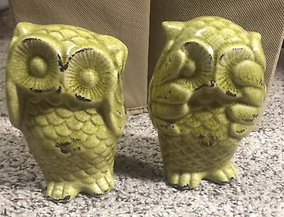 #ad 2 Ceramic Owl Crackle Glazed Art Pottery Decor 5.5 in Tall avocado ￼￼green $18.00