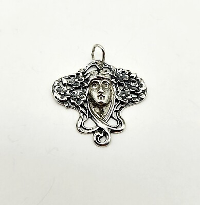 #ad Antique Maiden Lady Repousse Sterling Silver 925 Vintage Pendant 3D Art Nouveau $44.00