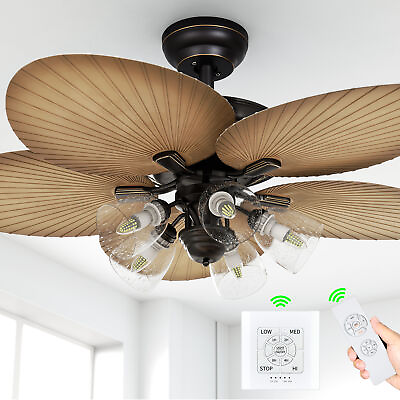#ad 52quot; LED Ceiling Fan With Light Kit Indoor Outdoor Downrod 5 Palm Tropical Blades $101.99