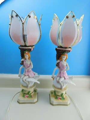 #ad Pair of Woman Sitting On Swan Table Side Lamps Boudoir Resin 18.5quot; $84.99