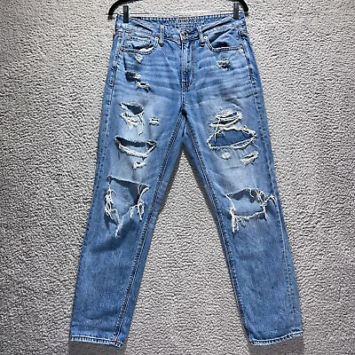 #ad American Eagle Woman#x27;s Sz 8 High Rise Tom Girl Torn Destroyed Stretch Blue Jeans $10.00